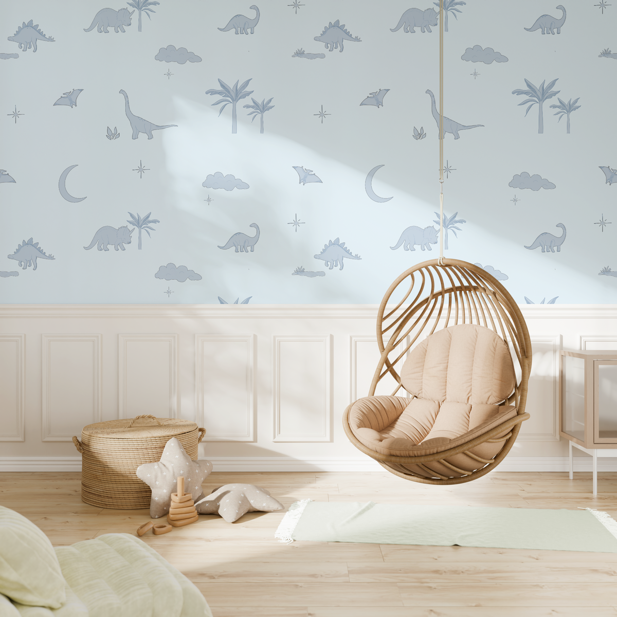 Dino Dreams Wallpaper in Soft Blue